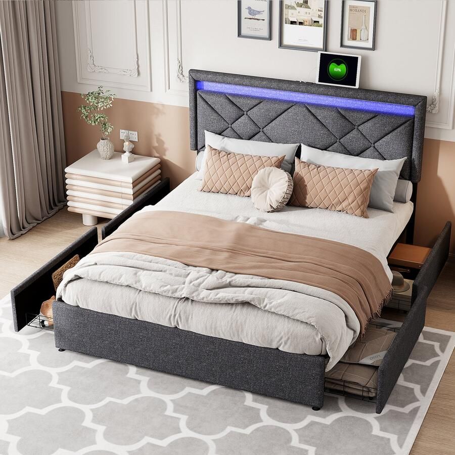 BursDany Gestoffeerd bed 160x200 cm met LED en USB tweepersoonsbed Opbergbed met lattenbodem en 4 laden bedframe voor volwassenen en tieners zonder matras linnengrijs