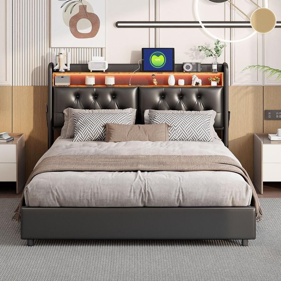 BursDany Gestoffeerd bed 140x200 cm met LED-hoofdbord en USB-poort tweepersoonsbed opbergbed Jeugdbed Bedden met rugleuning opbergmogelijkheid voor hoofdbord en lattenbodem zonder matras PU zwart