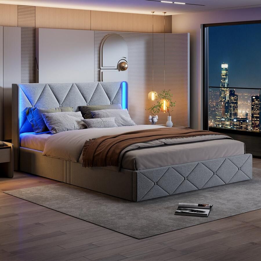 BursDany Gestoffeerd bed 140x200 cm met LED-hoofdbord tweepersoonsbed opbergbed functioneel bed jeugdbed rugleuning bedframe met lattenbodem zonder matras linnengrijs