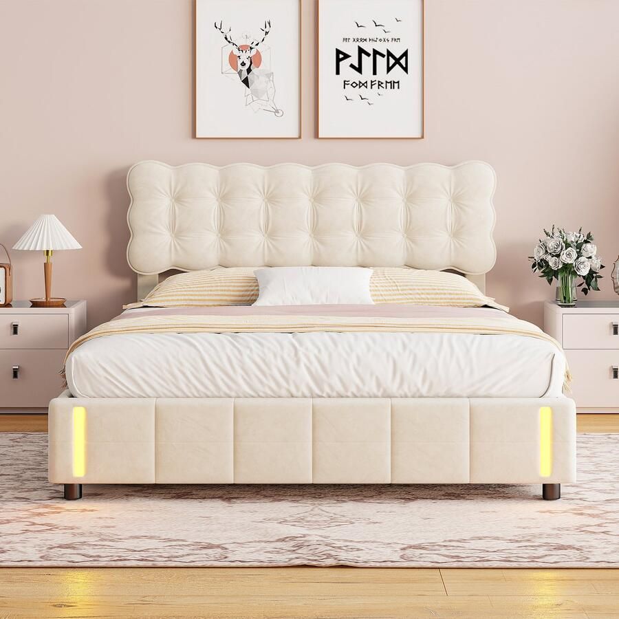 BursDany Gestoffeerd bed 140x200 cm met LED jeugdbed tweepersoonsbed met opbergruimte en lattenbodem hydraulisch opbergbed rugleuning bedframe voor meisjes zonder matras fluweelbeige