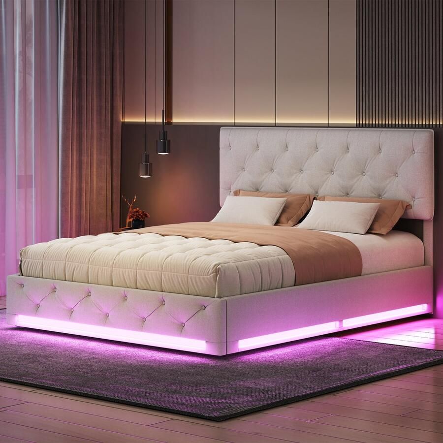 BursDany Gestoffeerd bed 160x200 cm met LED tweepersoons hydraulisch opbergbed met lattenbodem en hoofdeinde bedframe voor volwassenen en tieners zonder matras linnen beige
