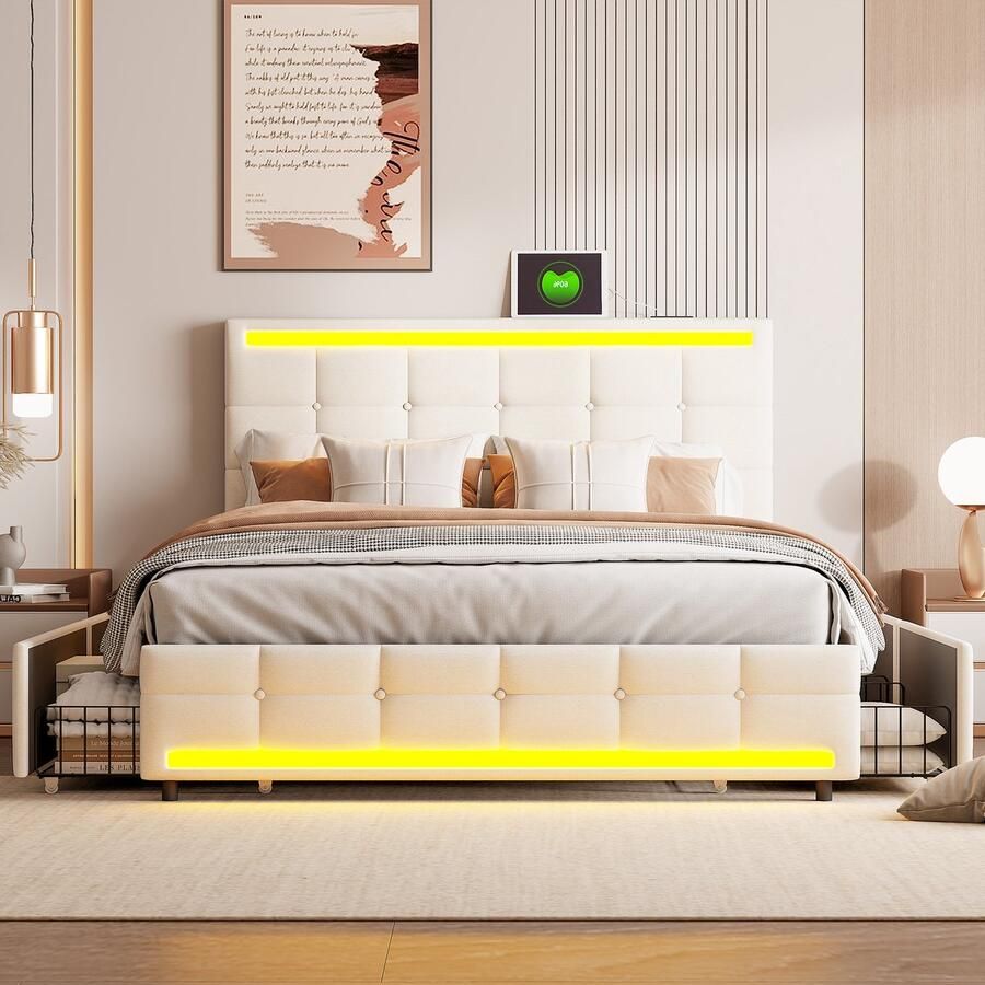 BursDany Gestoffeerd bed 140x200 cm met LED-verlichting en 2 USB-aansluitingen jeugdbed Bedframe met verstelbaar hoofdeinde lattenbodem en 4 opberglades zonder matras Linnen Beige