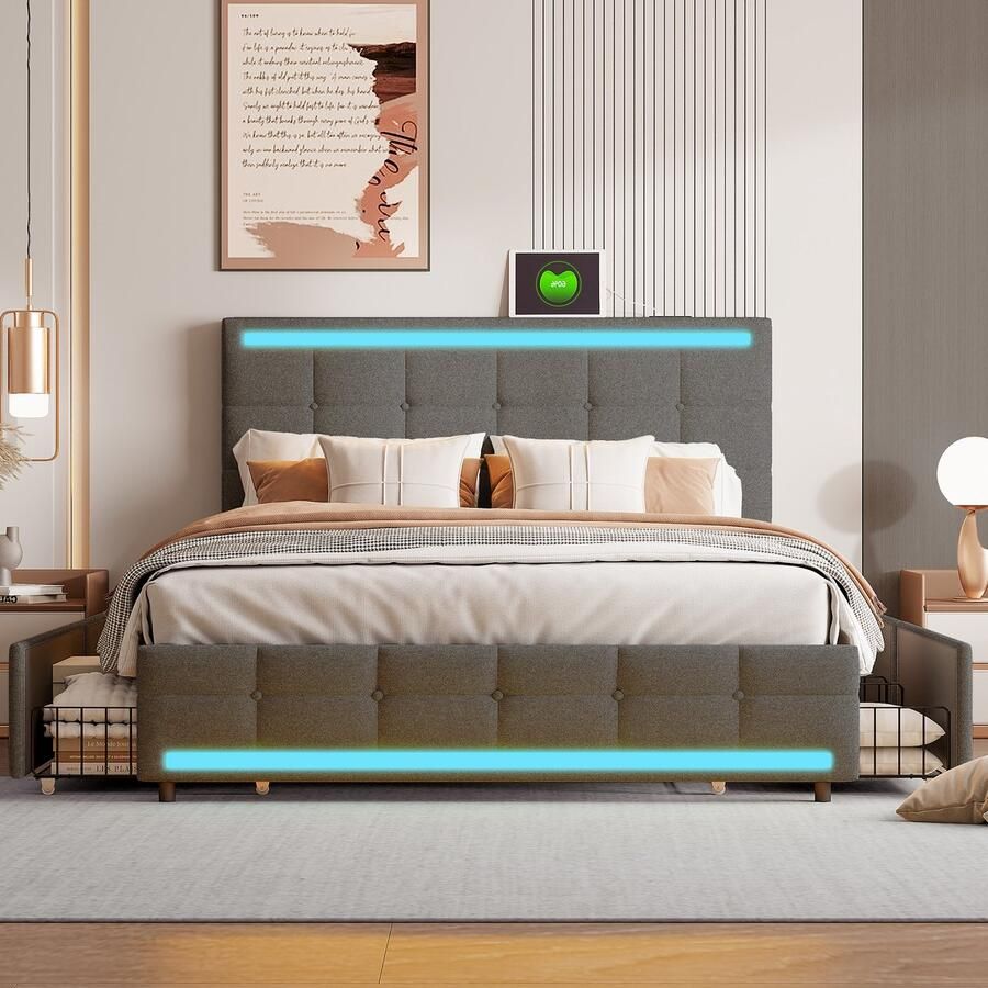 BursDany Gestoffeerd bed 140x200 cm met LED-verlichting en 2 USB-aansluitingen jeugdbed Bedframe met verstelbaar hoofdeinde lattenbodem en 4 opberglades zonder matras linnengrijs
