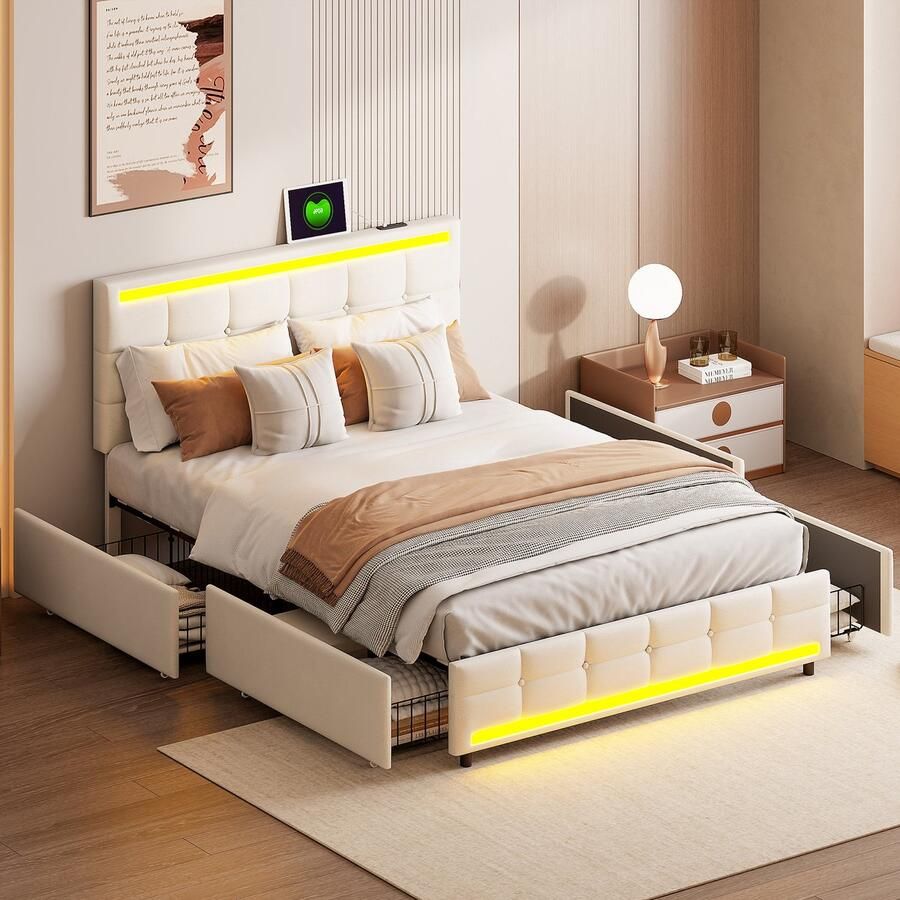 BursDany Gestoffeerd bed 140x200 cm met LED-verlichting en 2 USB-aansluitingen jeugdbed Bedframe met verstelbaar hoofdeinde lattenbodem en 4 opberglades zonder matras linnen
