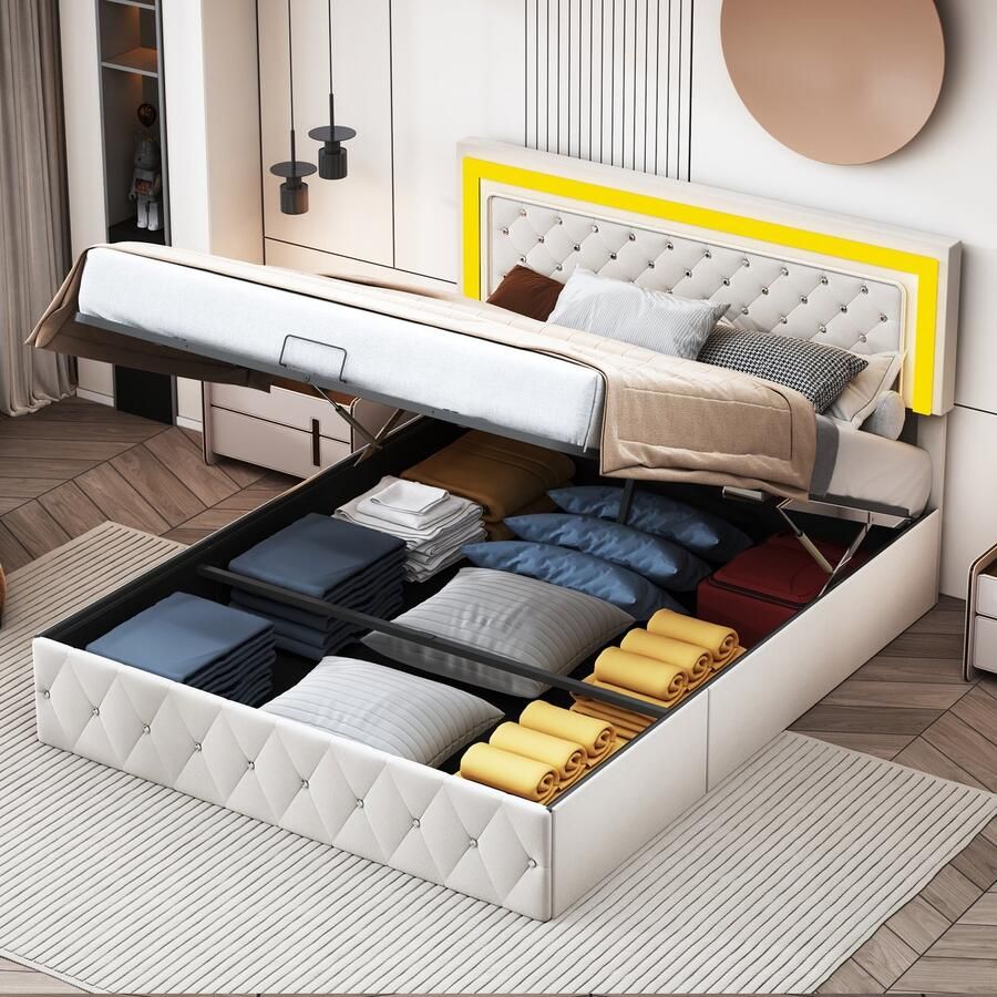 BursDany Gestoffeerd bed 140x200 cm pneumatisch opbergbed met LED-hoofdbord en lattenbodem jeugdbed Bedframe zonder matras fluweelstof beige