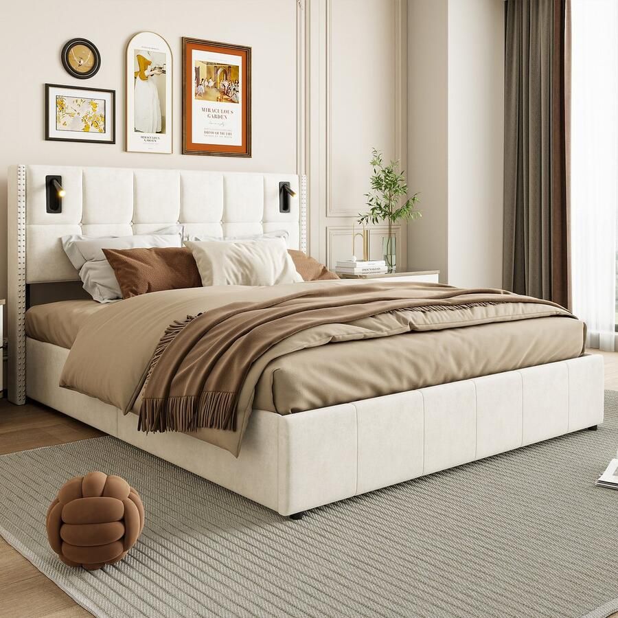 BursDany Gestoffeerd bed 140x200 cm tweepersoonsbed Jongerenbed met lattenbodem en 4 laden hoofdeinde met leeslamp en USB bedframe voor volwassenen en tieners zonder matras fluweel beige