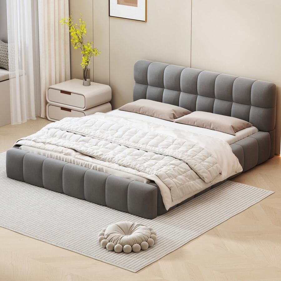 BursDany Gestoffeerd bed 160x200 cm tweepersoonsbed met lattenbodem en hoofdeinde vlak bed met gestoffeerde rand bedframe voor volwassenen en tieners zonder matras linnen grijs