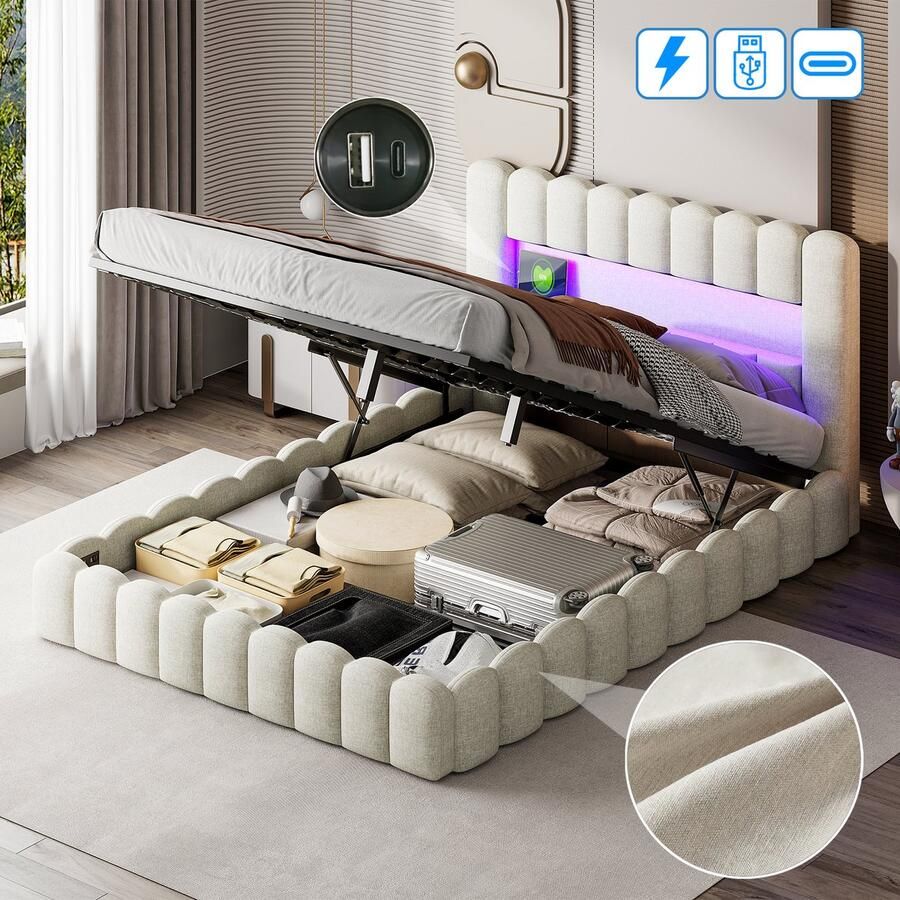 BursDany Gestoffeerd bed 140x200 cm tweepersoonsbed met LED-hoofdbord en USB-oplaadfunctie boxspringbed Bedframe met opbergruimte en lattenbodem opbergbed jeugdbed linnen beige Zonder matras
