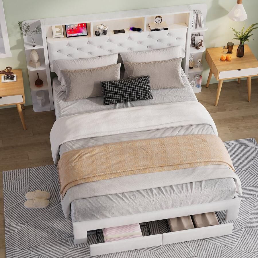 BursDany Gestoffeerd bed 160 x 200 cm met led en USB tweepersoonsbed met hoofdeinde met open vakken 2 lades voor jongeren en volwassenen beige fluweel (zonder matras)