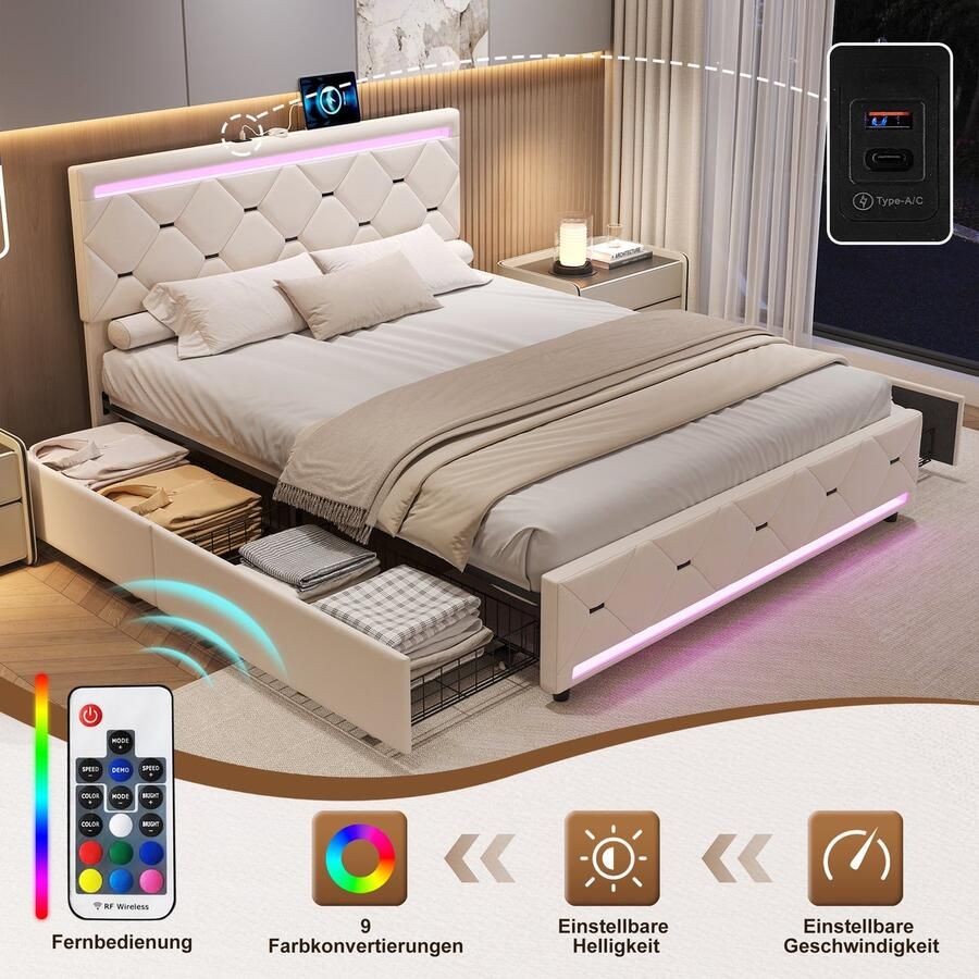 BursDany Gestoffeerd Bed 140x190 cm in Beige Fluweel Modern Tweepersoonsbed met LED 7 Kleuren USB Poorten 4 Opberglades en Lattenbodem voor Tieners en Volwassenen(Zonder Matras)