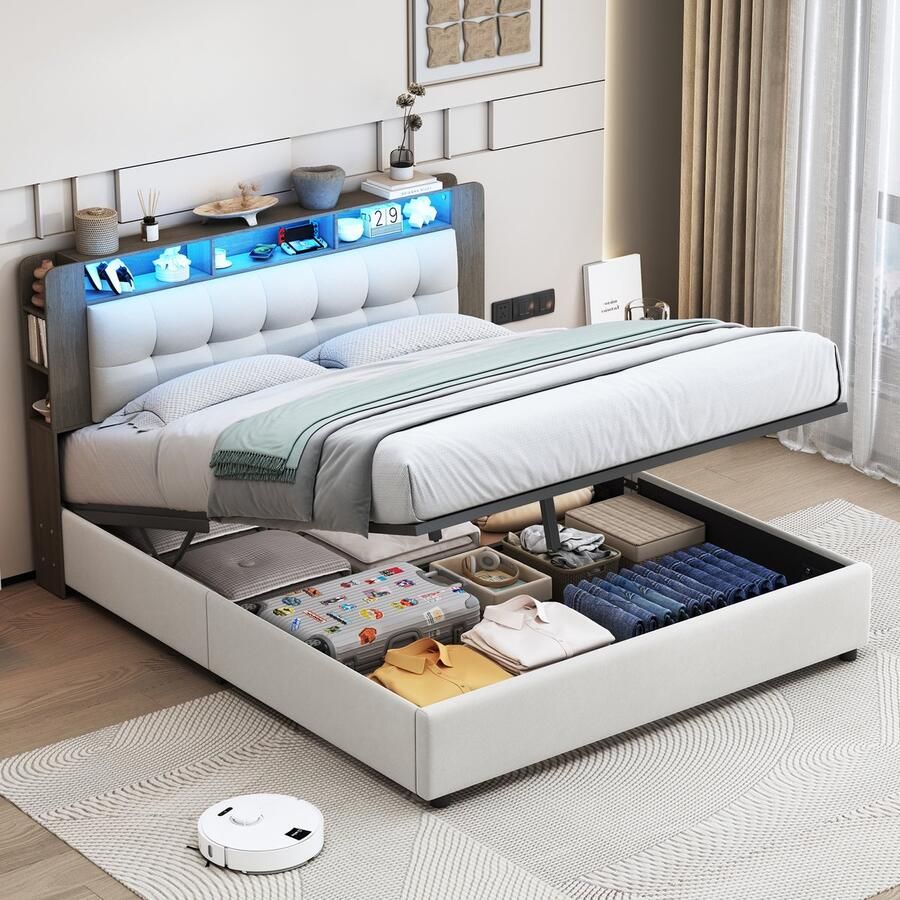 BursDany Gestoffeerd Bed 160x200 cm met LED en USB Hydraulisch Dubbel Opbergbed met Lattenbodem en Hoofdbord Bedframe voor Volwassenen zonder Matras Beige Fluweel