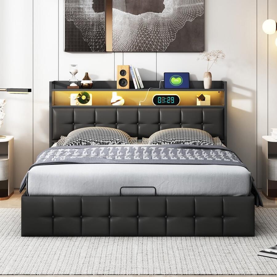 BursDany Gestoffeerd bed 160x200 cm met LED en USB Hydraulisch tweepersoonsbed met lattenbodem en hoofdeinde opbergruimte Opbergbed (zonder matras) PU Zwart