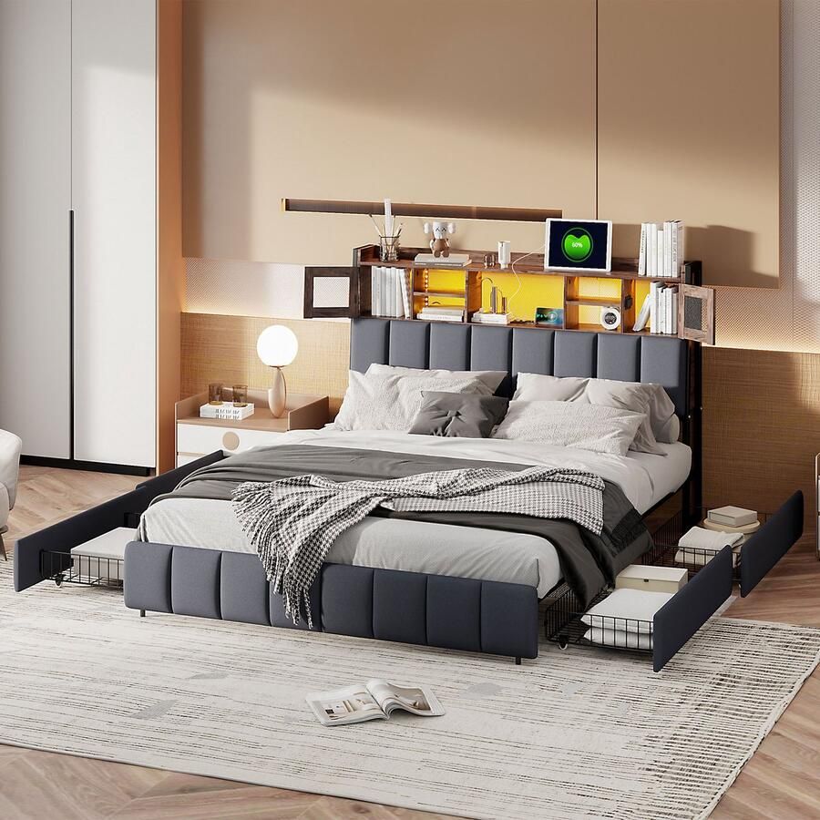 BursDany Gestoffeerd bed 160x200 cm met LED en USB tweepersoons bed met lattenbodem en 4 laden bedframe voor volwassenen en tieners zonder matras linnen zwart