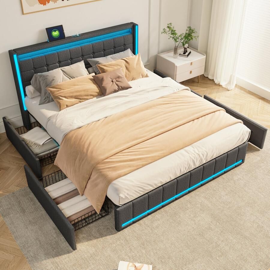 BursDany Gestoffeerd bed 160x200 cm met LED en USB tweepersoonsbed met 4 laden bedden met opbergruimte en lattenbodem bedframe met rugleuning voor jongerenbed zonder matras linnengrijs