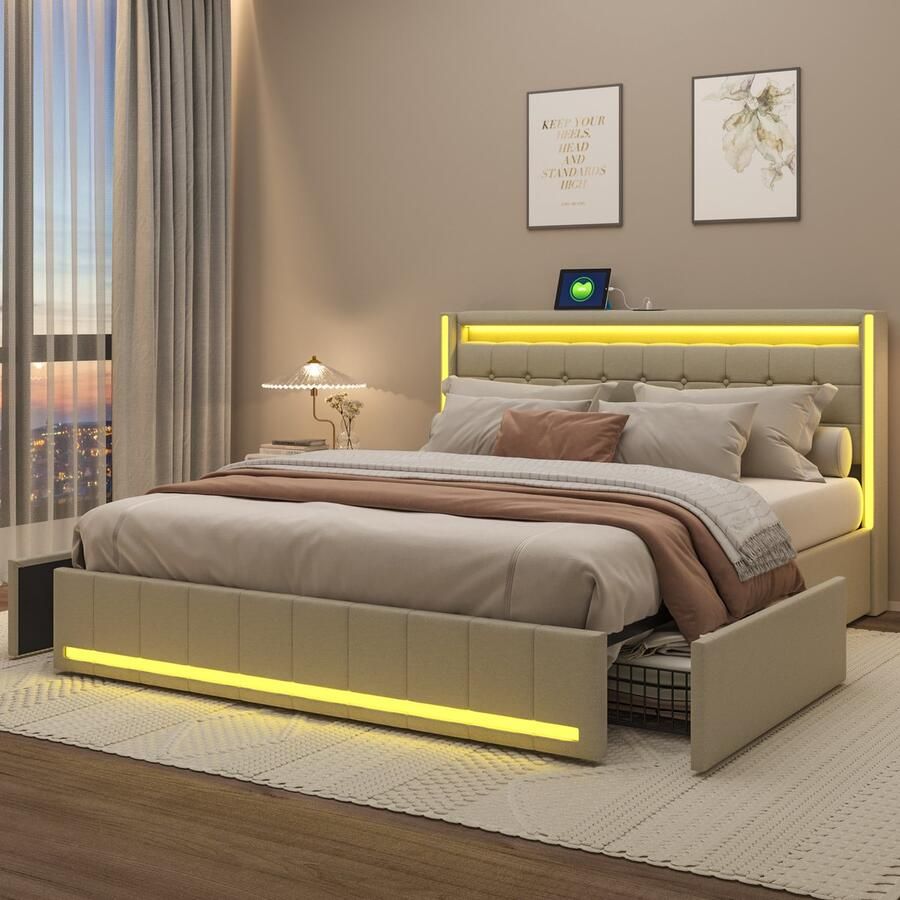 BursDany Gestoffeerd bed 160x200 cm met LED en USB tweepersoonsbed met 4 laden bedden met opbergruimte en lattenbodem bedframe met rugleuning voor jongerenbed zonder matras linnen beige