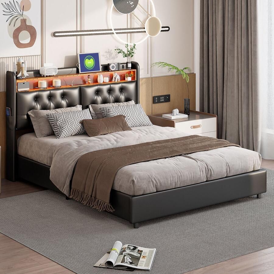 BursDany Gestoffeerd bed 180x200 cm met LED-hoofdbord en USB-aansluiting tweepersoonsbed Opbergbed jeugdbed Bedden met rugleuning opbergmogelijkheid voor hoofdbord en lattenbodem zonder matras PU zwart