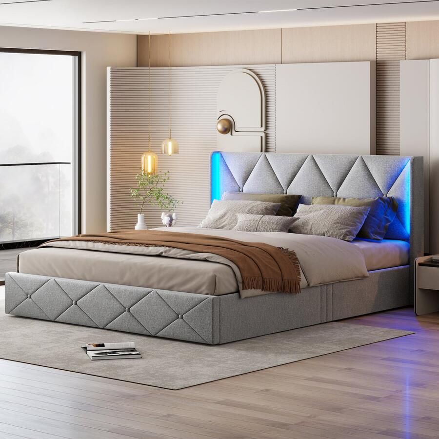 BursDany Gestoffeerd bed 160x200 cm met LED-hoofdbord tweepersoonsbed opbergbed functioneel bed jeugdbed rugleuning bedframe met lattenbodem zonder matras linnengrijs