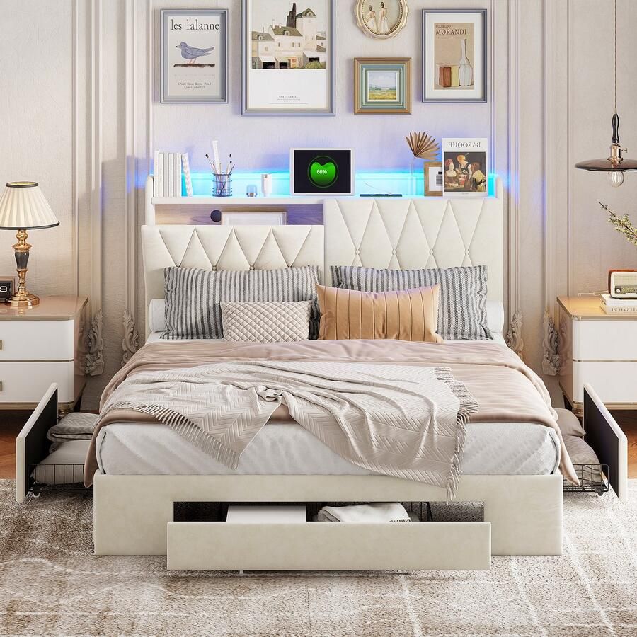 BursDany Gestoffeerd bed 140x200 cm met LED-verlichting en powerstrip jeugdbed met 3 laden lattenbodem en opbergruimte hoofdbord tweepersoonsbed volwassenen lattenbodem fluweelbeige