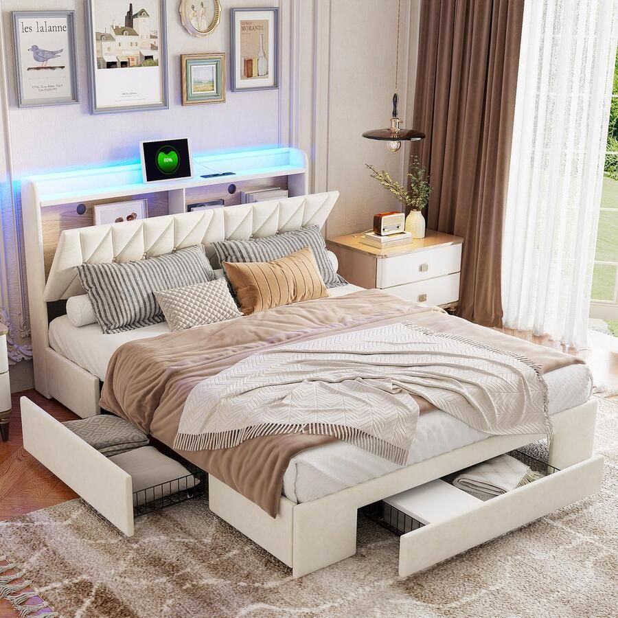 BursDany Gestoffeerd bed 160x200 cm met LED-verlichting en contactdoos jeugdbed met 3 laden lattenbodem en opbergruimte hoofdeinde tweepersoonsbed volwassen bedframe fluweel beige