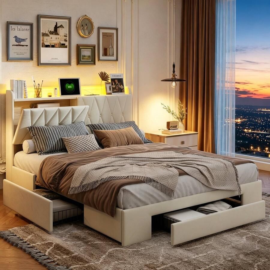BursDany Gestoffeerd bed 160x200 cm met LED-verlichting en contactdoos jeugdbed met 3 laden lattenbodem en opbergruimte hoofdeinde tweepersoonsbed volwassen bedframe fluweel beige - Foto 2