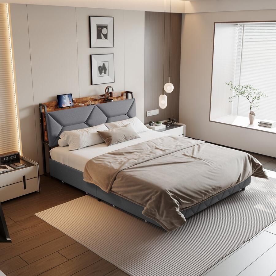 BursDany Gestoffeerd bed 160x200 cm met USB 4 lades opbergrekken en ergonomisch hoofdeinde tweepersoonsbed voor tieners en volwassenen linnengoed grijs (zonder matras)