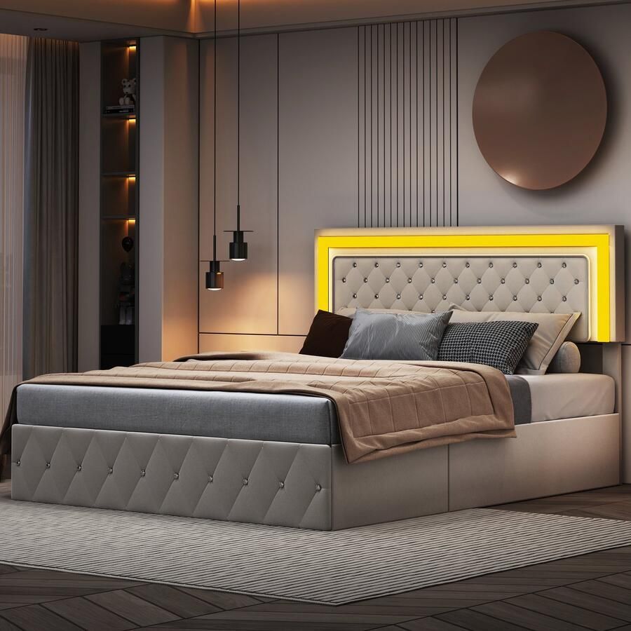 BursDany Gestoffeerd bed 160x200 cm pneumatisch opbergbed met LED-hoofdbord en lattenbodem jeugdbed Bedframe zonder matras fluweelstof beige