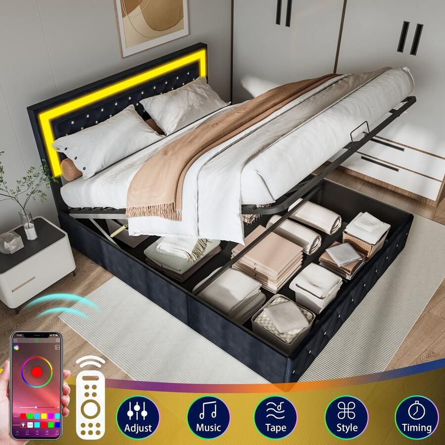 BursDany Gestoffeerd bed 160x200 cm pneumatisch opbergbed met LED-hoofdbord en lattenbodem jeugdbed Bedframe zonder matras fluweelstof zwart