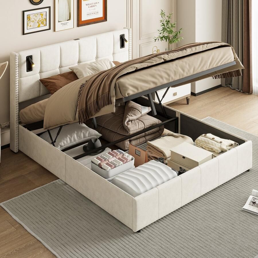 BursDany Gestoffeerd bed 160x200 cm Tweepersoonsbed Jongerenbed met lattenbodem en 4 laden hoofdbord met leeslampje en USB bedframe voor volwassenen en tieners zonder matras fluweelbeige