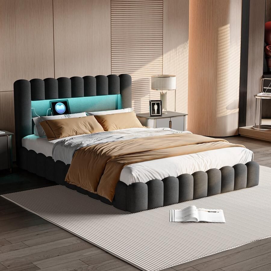 BursDany Gestoffeerd bed 160x200 cm tweepersoonsbed met LED-hoofdbord en USB-oplaadfunctie boxspring bedframe met opbergruimte en lattenbodem opbergbed jeugdbed linnen grijs Zonder matras