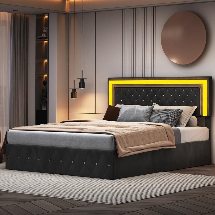 BursDany Gestoffeerd bed 180x200 cm pneumatisch opbergbed met LED-hoofdbord en lattenbodem jeugdbed Bedframe zonder matras fluweelstof zwart