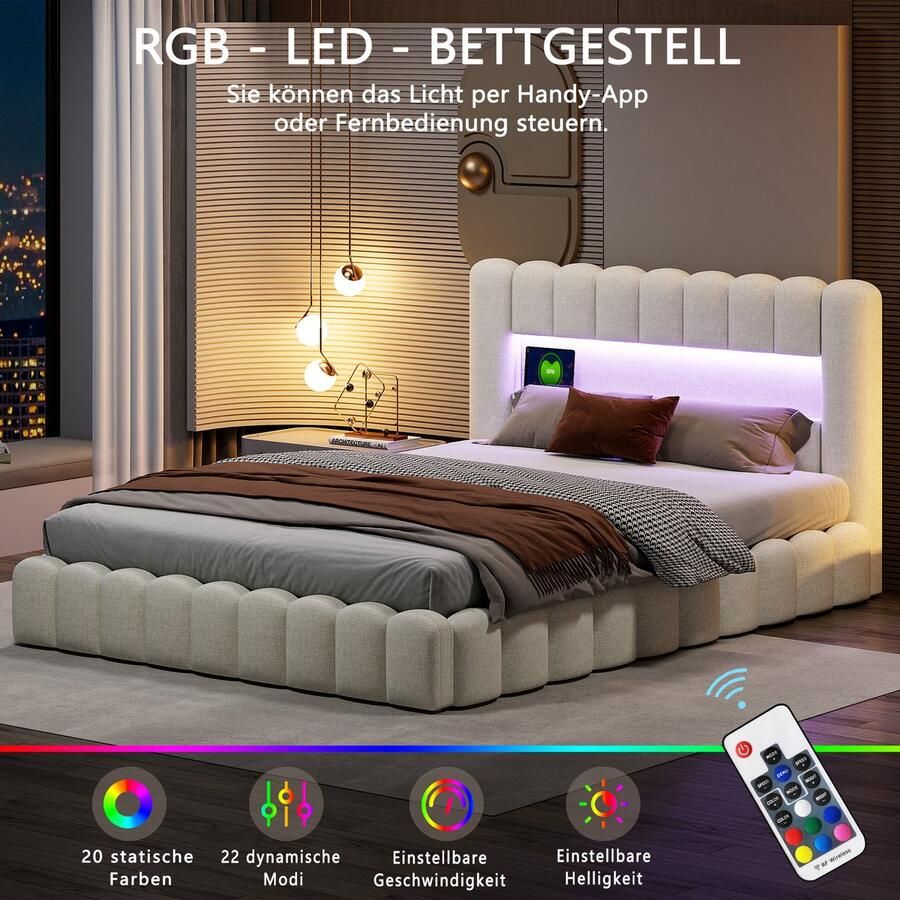 BursDany Gestoffeerd bed 180x200 cm tweepersoonsbed met LED-hoofdbord en USB-oplaadfunctie boxspringbed Bedframe met opbergruimte en lattenbodem opbergbed jeugdbed linnen beige Zonder matras