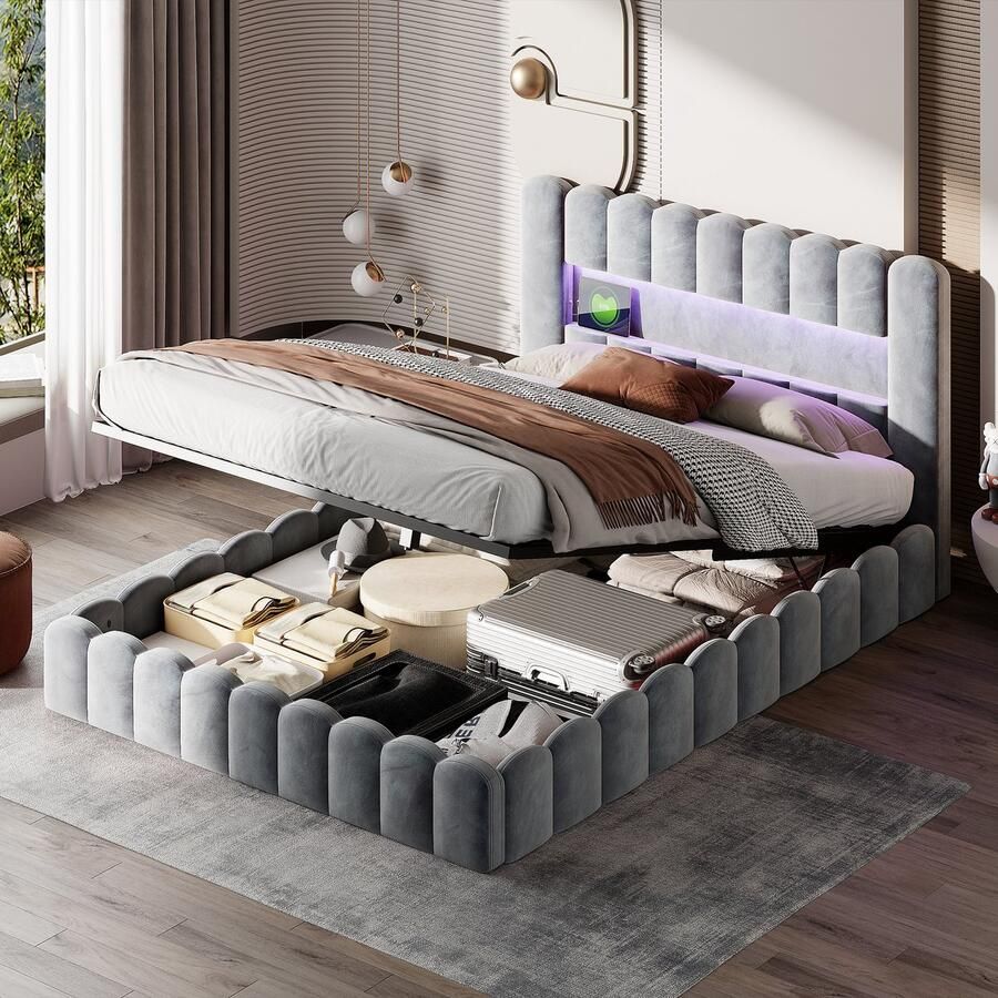 BursDany Gestoffeerd bed 180x200 cm tweepersoonsbed met LED-hoofdbord en USB-oplaadfunctie boxspring bedframe met opbergruimte en lattenbodem opbergbed jeugdbed linnen lichtgrijs Zonder matras