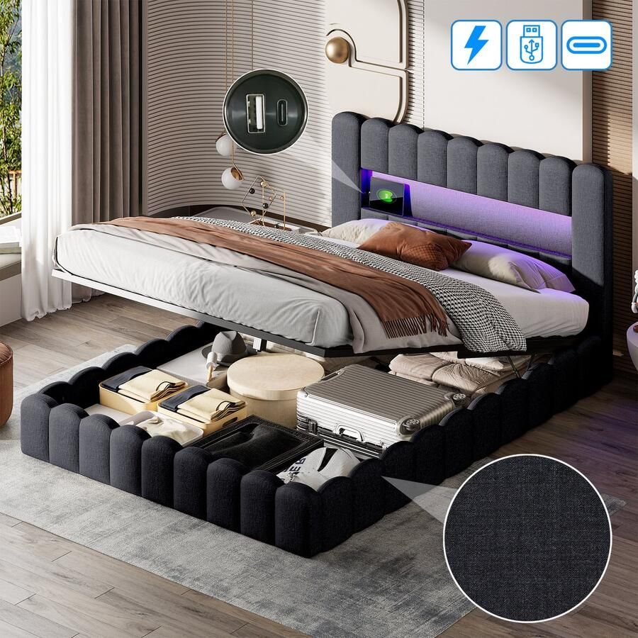 BursDany Gestoffeerd bed 180x200 cm tweepersoonsbed met LED-hoofdbord en USB-oplaadfunctie boxspring bedframe met opbergruimte en lattenbodem opbergbed jeugdbed linnen grijs Zonder matras