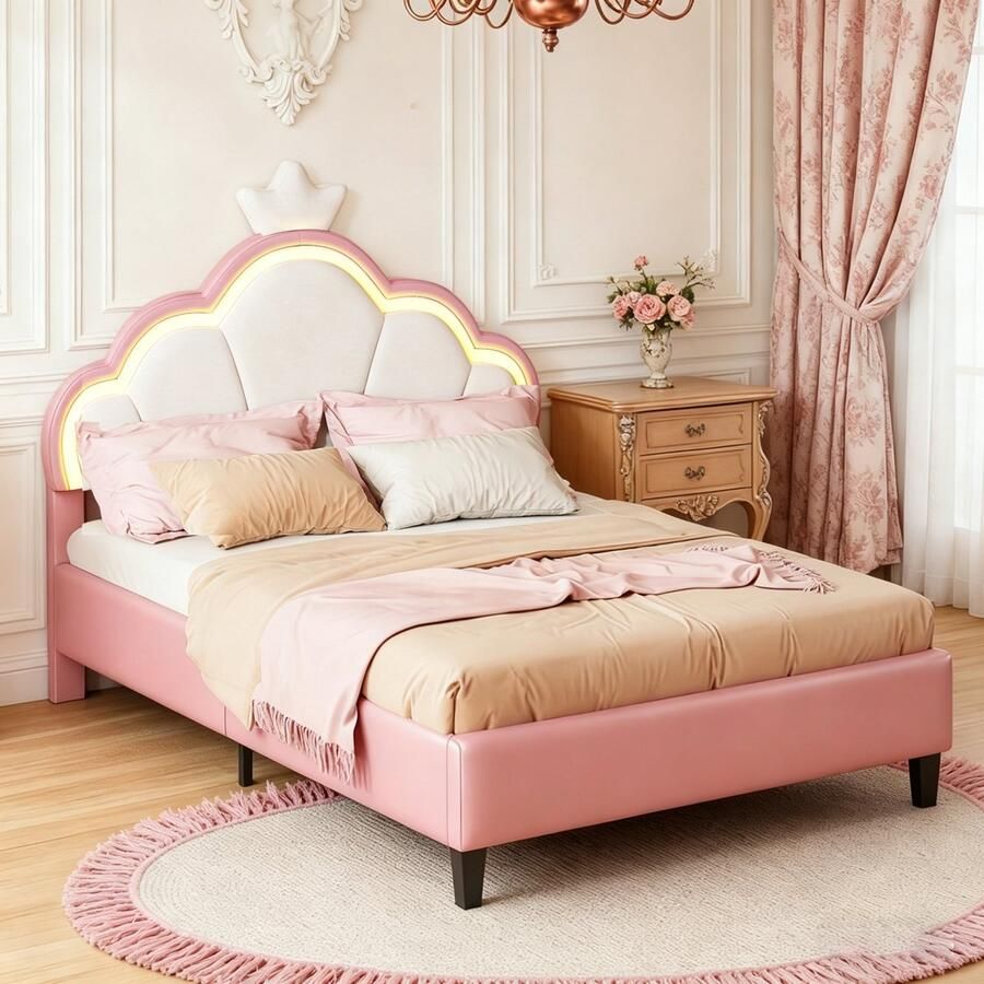 BursDany Gestoffeerd bed kinderbed 140x200 cm met LED eenpersoonsbed voor meisjes tienerbed met in hoogte verstelbaar hoofdeinde en lattenbodem prinsessenbed in roze fluweel (zonder matras) - Foto 2