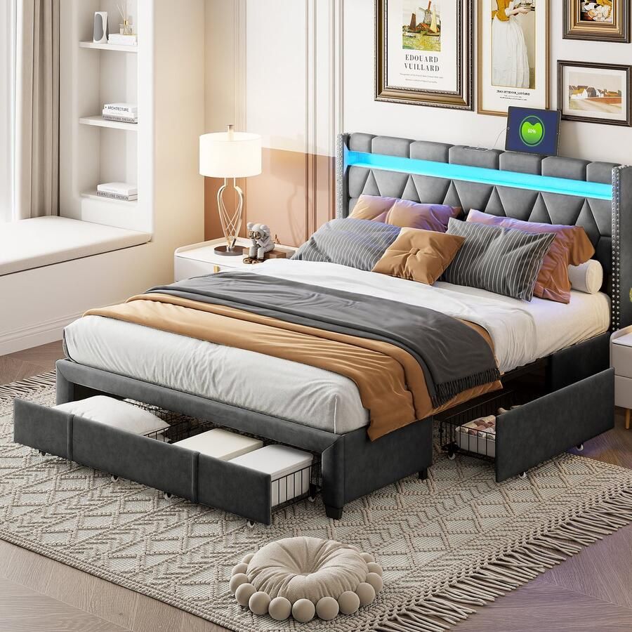 BursDany Gestoffeerd bed tweepersoonsbed 160x200 met LED-hoofdbord en USB-poort opbergbed met 4 opbergladen bedframe met lattenbodem en bedbodem linnen grijs(Zonder matras)