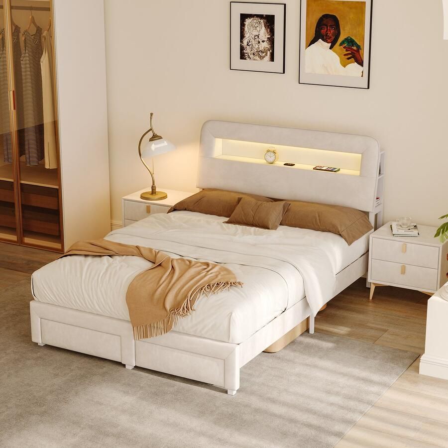 BursDany Gestoffeerd bed tweepersoonsbed 160x200 cm hoofdeinde aan beide zijden met opbergvak + oplaadpoort + LED-licht twee lades aan het voeteneinde beige fluweel