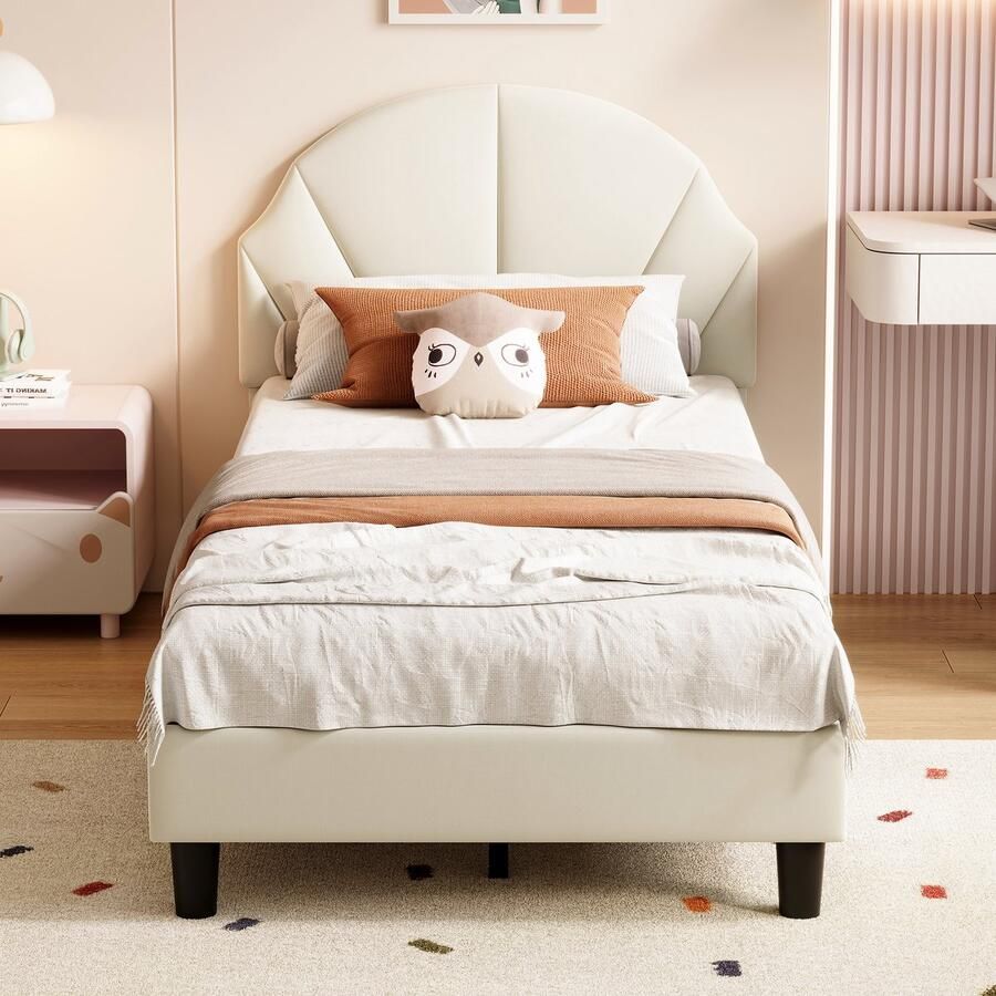 BursDany Gestoffeerd eenpersoonsbed 90x200 cm Beige Velvet Peuterbed voor meisjes kinderbed met verstelbaar hoofdeinde en lattenbodem zonder matras