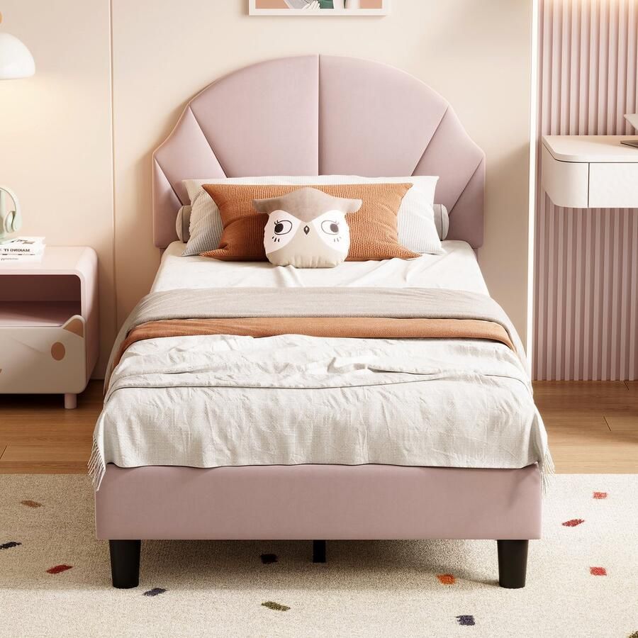 BursDany Gestoffeerd eenpersoonsbed 90x200 cm Roze Velvet Peuterbed voor meisjes kinderbed met verstelbaar hoofdeinde en lattenbodem zonder matras