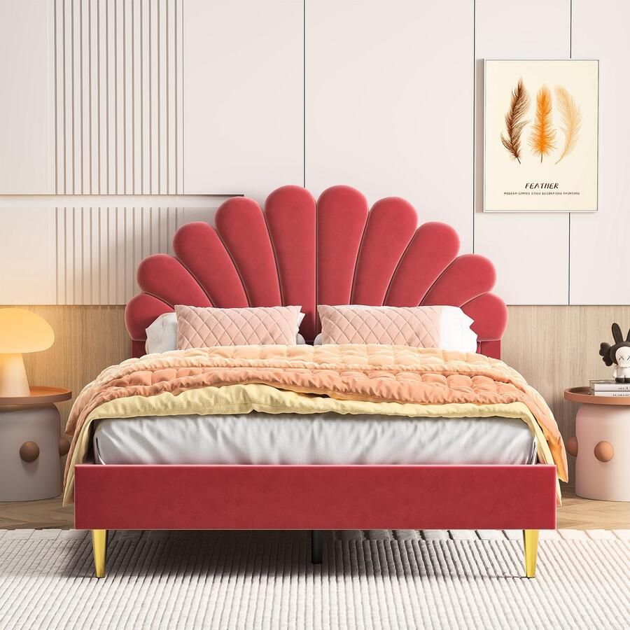 BursDany Gestoffeerd kinderbed 140 x 200 cm een- dubbelbed voor meisjes bedframe met bloemvormig hoofdeinde en lattenbodem bed voor tienermeisjes zonder matras fluweel Bordeaux