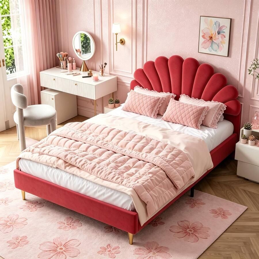 BursDany Gestoffeerd kinderbed 140 x 200 cm een- dubbelbed voor meisjes bedframe met bloemvormig hoofdeinde en lattenbodem bed voor tienermeisjes zonder matras fluweel Bordeaux - Foto 2
