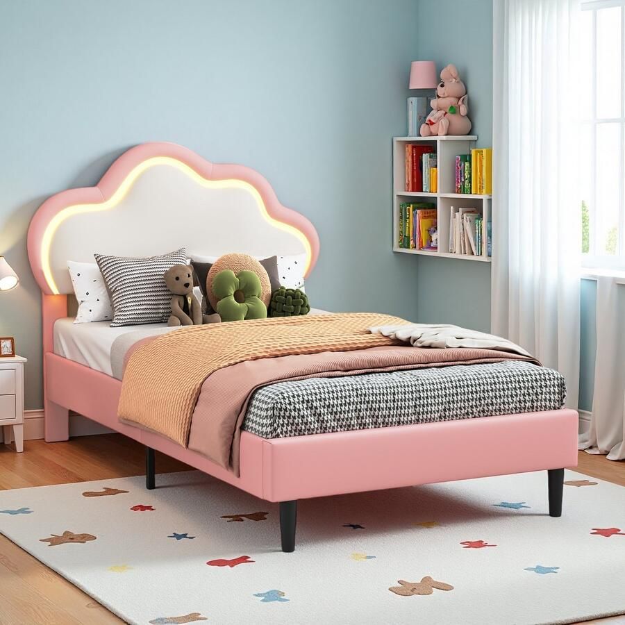 BursDany Gestoffeerd kinderbed 90 x 200 cm eenpersoonsbed voor meisjes met LED bedframe met in hoogte verstelbaar hoofdeinde en lattenbodem PU zonder matras roze
