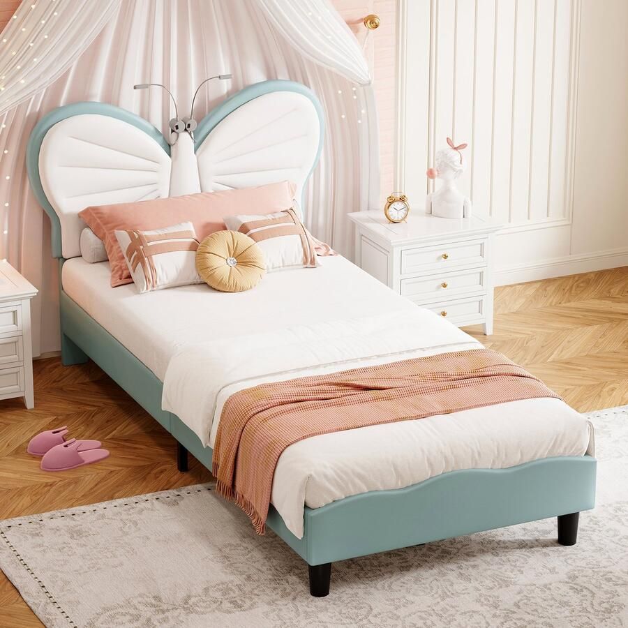 BursDany Gestoffeerd kinderbed 90x200 cm Velvet Butterfly Princess Bed met leeslampje verstelbaar hoofdeinde en lattenbodem zonder matras blauw
