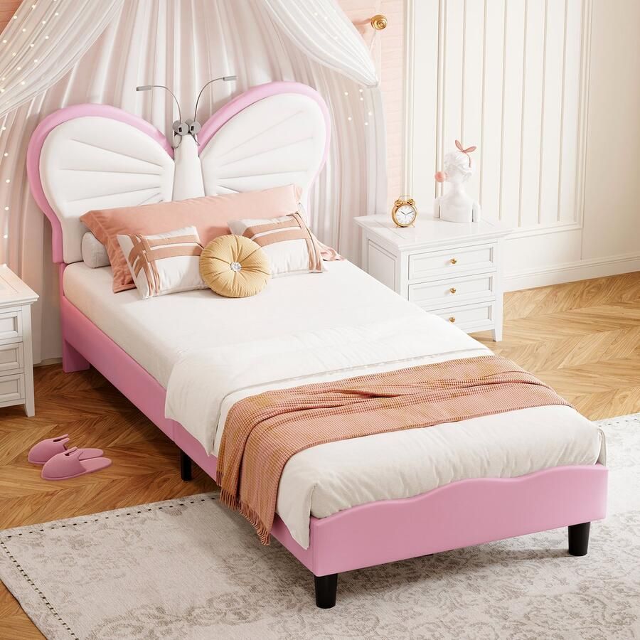 BursDany Gestoffeerd kinderbed 90x200 cm Velvet Butterfly Princess Bed met leeslampje verstelbaar hoofdeinde en lattenbodem zonder matras roze