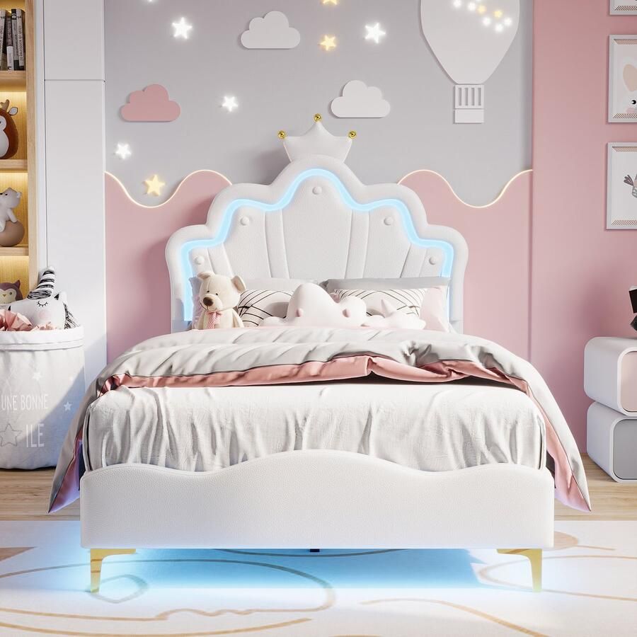 BursDany Gestoffeerd kinderbeden 90x200 cm met LED eenpersoonsbed voor meisjes tienerbed met in hoogte verstelbaar hoofdeinde en lattenbodem prinsessenkroonbed PU Wit (zonder matras)