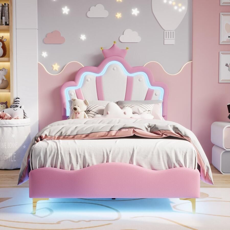 BursDany Gestoffeerd kinderbeden 90x200 cm met LED eenpersoonsbed voor meisjes tienerbed met in hoogte verstelbaar hoofdeinde en lattenbodem prinsessenkroonbed PU Roze (zonder matras)