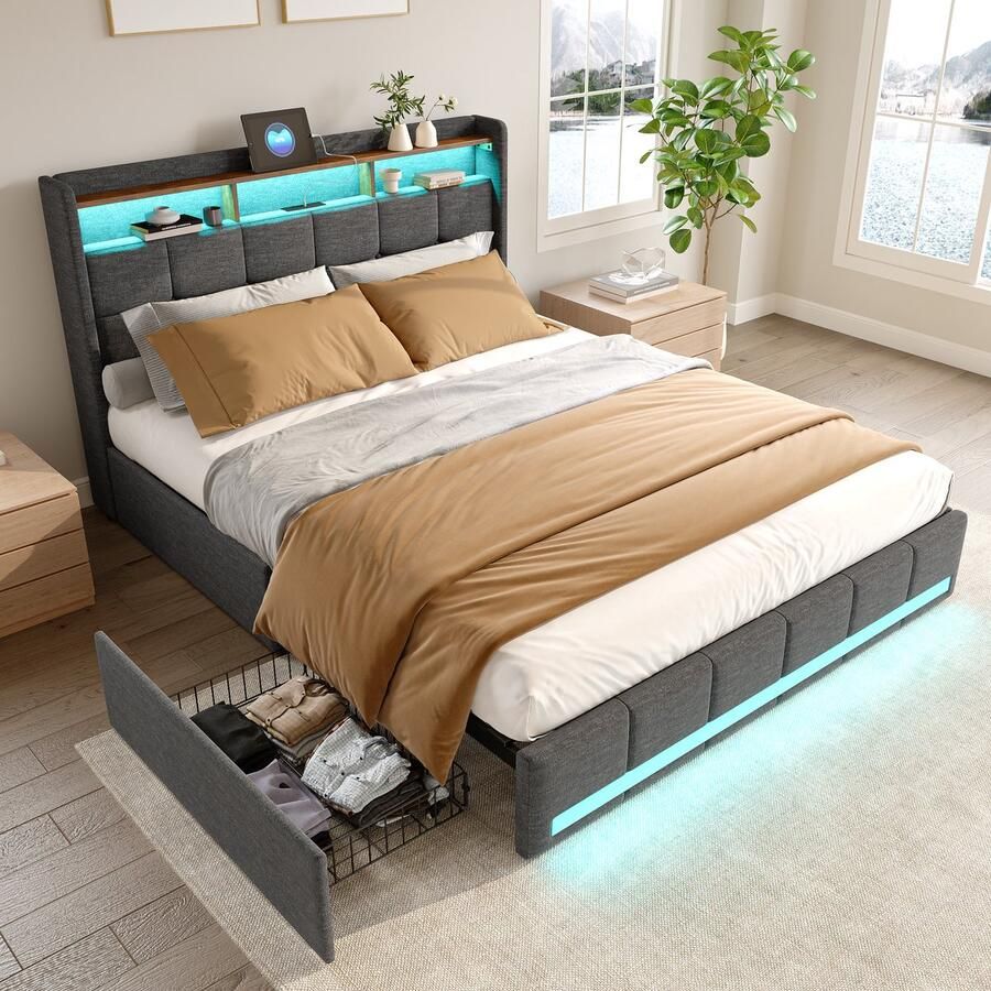 BursDany Gestoffeerd tweepersoonsbed 140x190 cm met LED's en USB Modern opbergbed met hoofdeinde lattenbodem 4 opberglades Perfect voor volwassenen en tieners Grijs linnen (zonder matras)