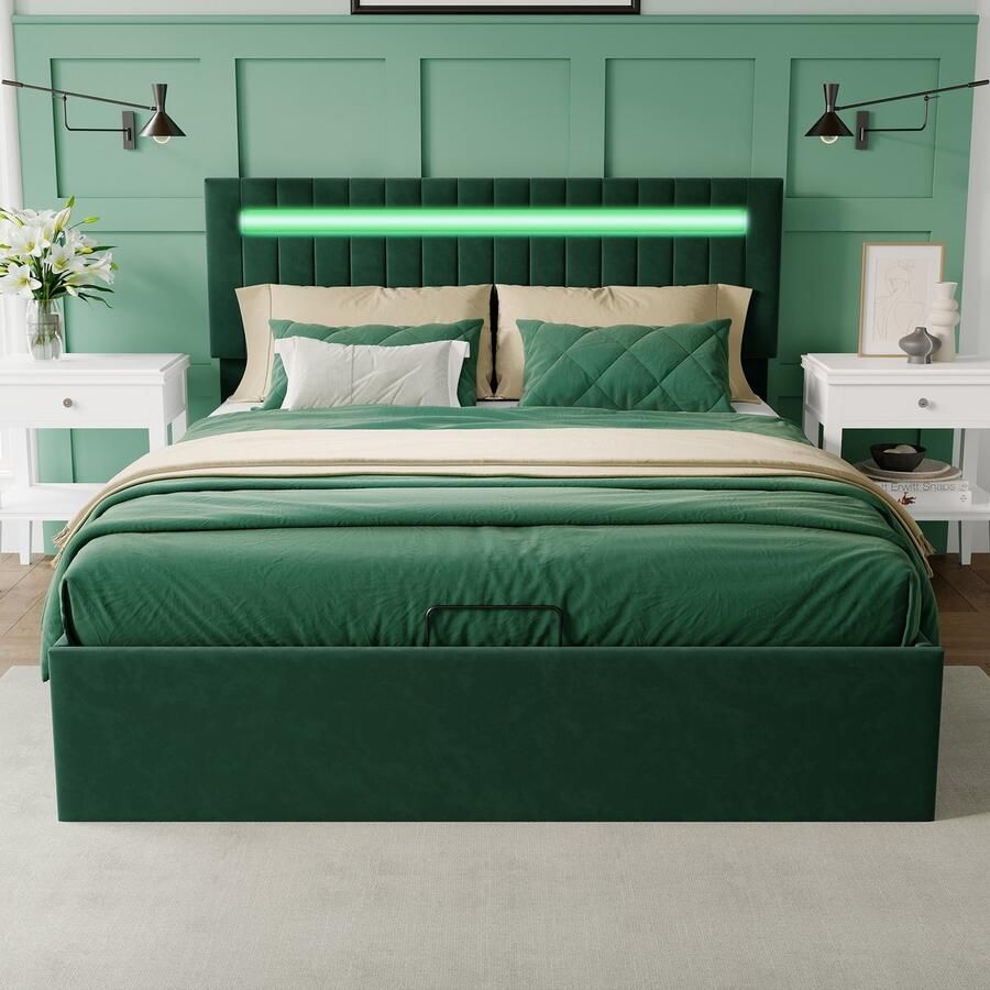 BursDany Gestoffeerd tweepersoonsbed 140x200 cm bedombouw met LED-verlichting lattenbodem en hoofdeinde bedframe voor volwassenen tieners fluweelgroen (zonder matras)