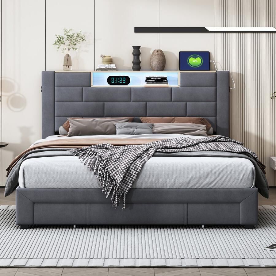 BursDany Gestoffeerd tweepersoonsbed 140x200 cm met 3 laden en lattenbodem hoofdbord met opbergruimte en USB-oplaadfunctie bedframe met rugleuning voor jongerenbed fluweel grijs zonder matras