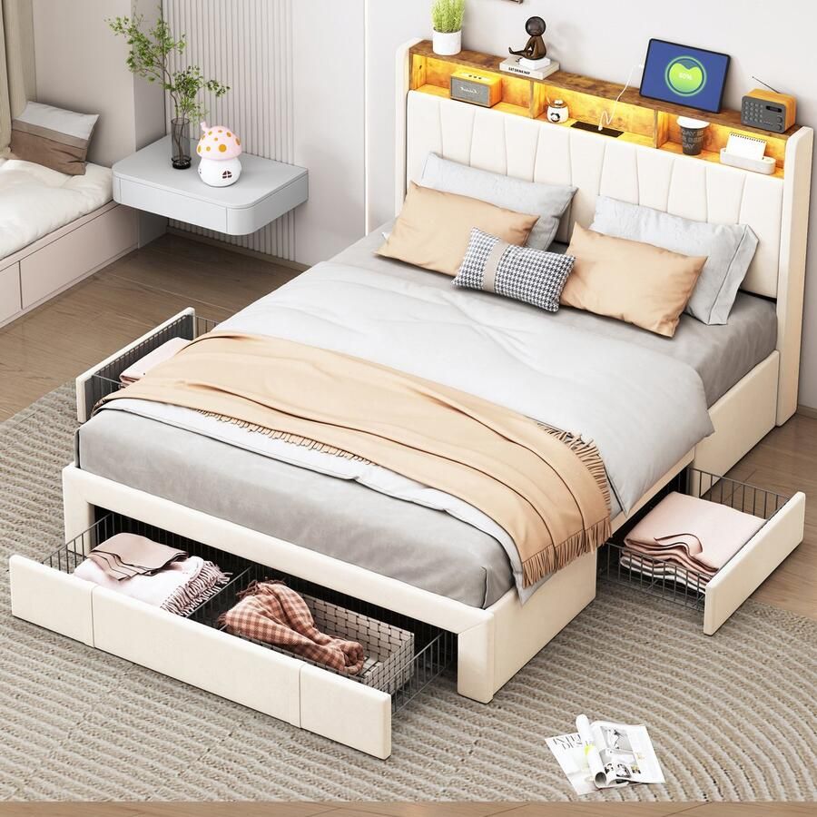 BursDany Gestoffeerd tweepersoonsbed 140x200 cm met LED en USB Bedframe met lattenbodem opbergbaar hoofdeinde en 4 laden voor volwassenen en tieners zonder matras beige fluweel