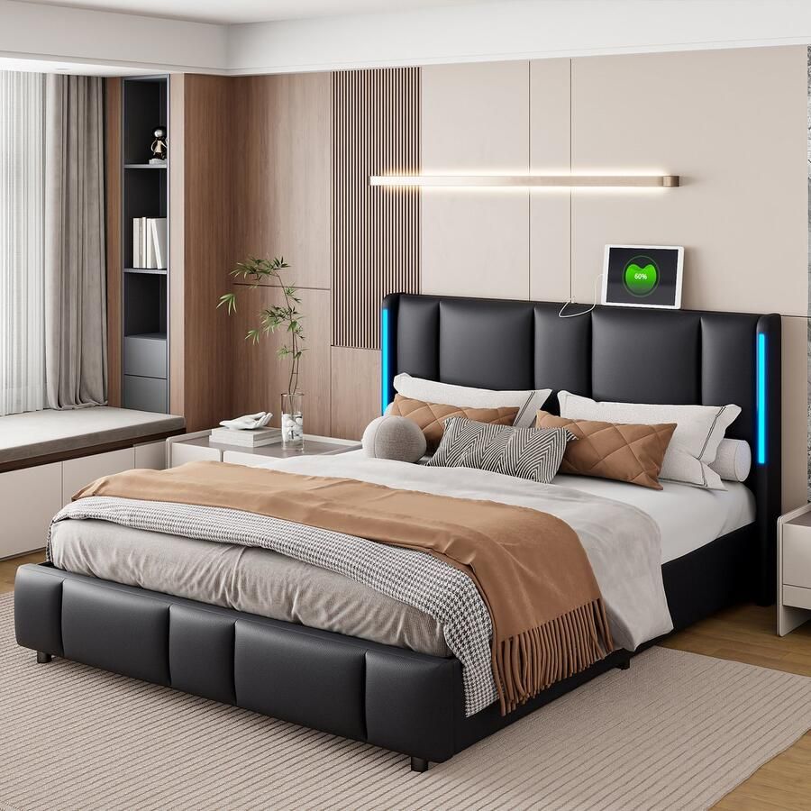 BursDany Gestoffeerd tweepersoonsbed 140x200 cm met LED en USB Modern bed met lattenbodem en hoofdeinde 2-persoons bedframe voor volwassenen en tieners zwart PU (zonder matras)